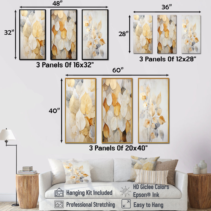Collage de feuilles dorées minimalisme - ensemble de 4 impressions sur toile, Cadre flottant noir, H 32 po x l 48 po