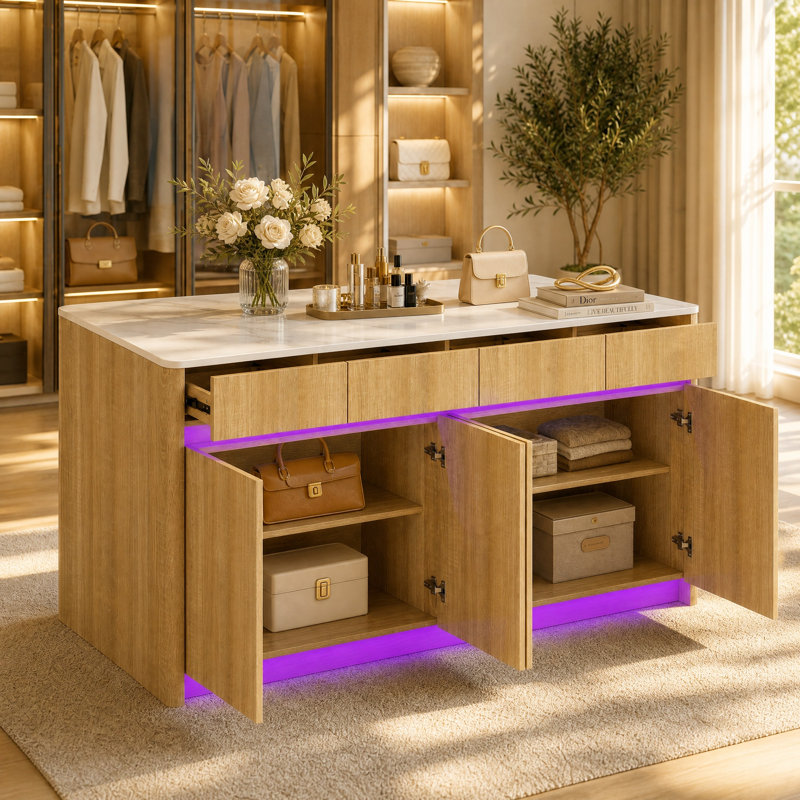 Îlot de placard moderne 72 po avec éclairage DEL intelligent Bluetooth, plateau en marbre imperméable, rangement solide
