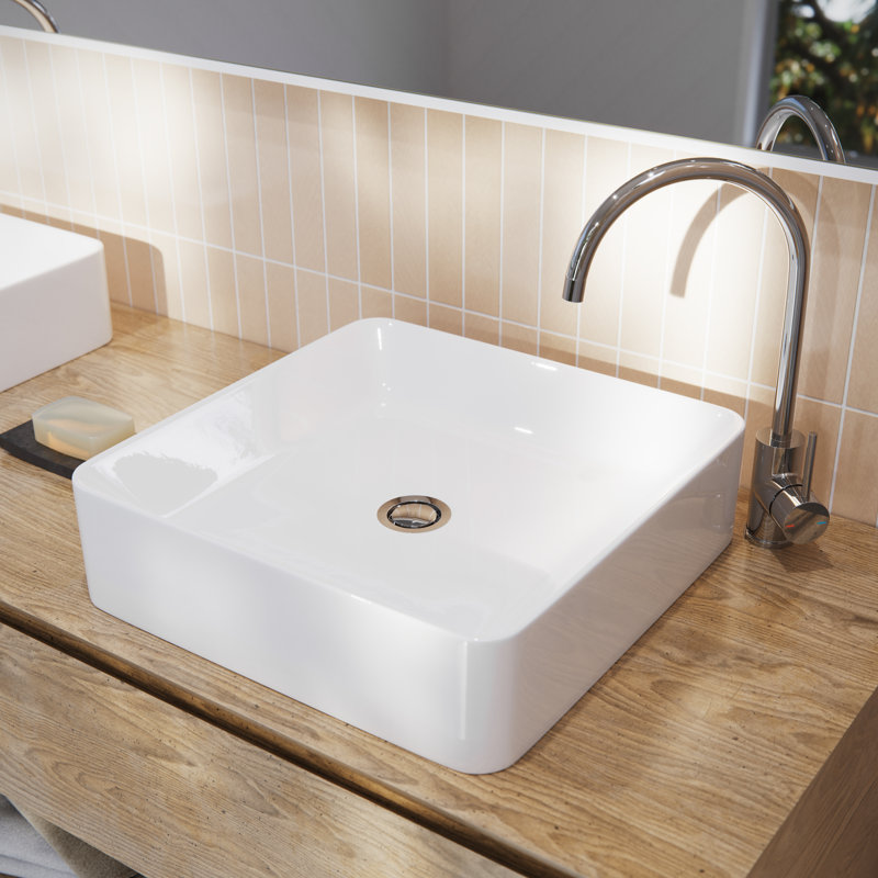 Ceramic Square Vessel Bathroom Sink, Gloss White