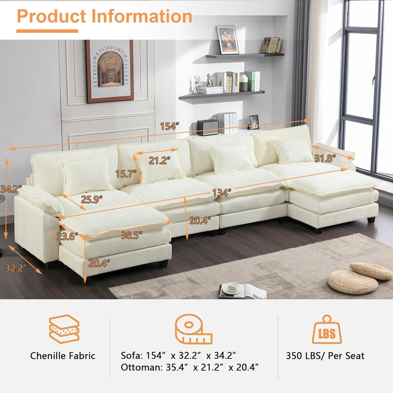 Stronski Upholstered U-Shaped Sectional Reversible, Stronski White Chenille
