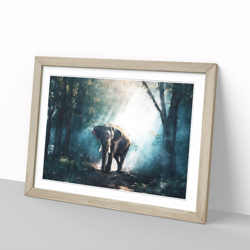 Elephant Roaming in a Green Forest - Picture Frame Graphic Art Print, Oak Framed, 62cm H x 87cm W x 2cm D