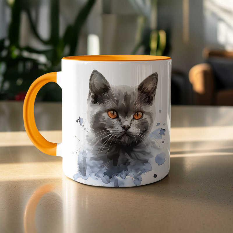 Cat Design 11oz Accent Mug – Ceramic Coffee Cup with Colored Handle and Interior, Orange, 3