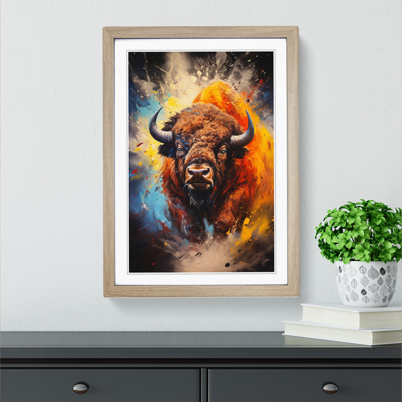 Buffalo Action Painting Art - Framed Print, 64cm H x 46cm W x 2cm D, Oak Framed