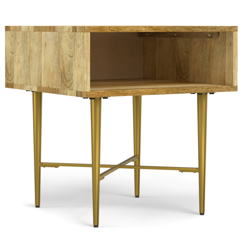 Natural Mango Wood and Gold Metal Square End Table with Storage