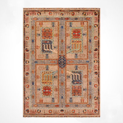 Original Hand Knotted Traditional Pattern Beige Wool and Cotton Rug