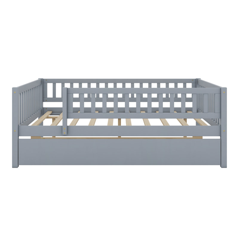 Wood Daybed With Trundle And Fence Guardrails, Gray