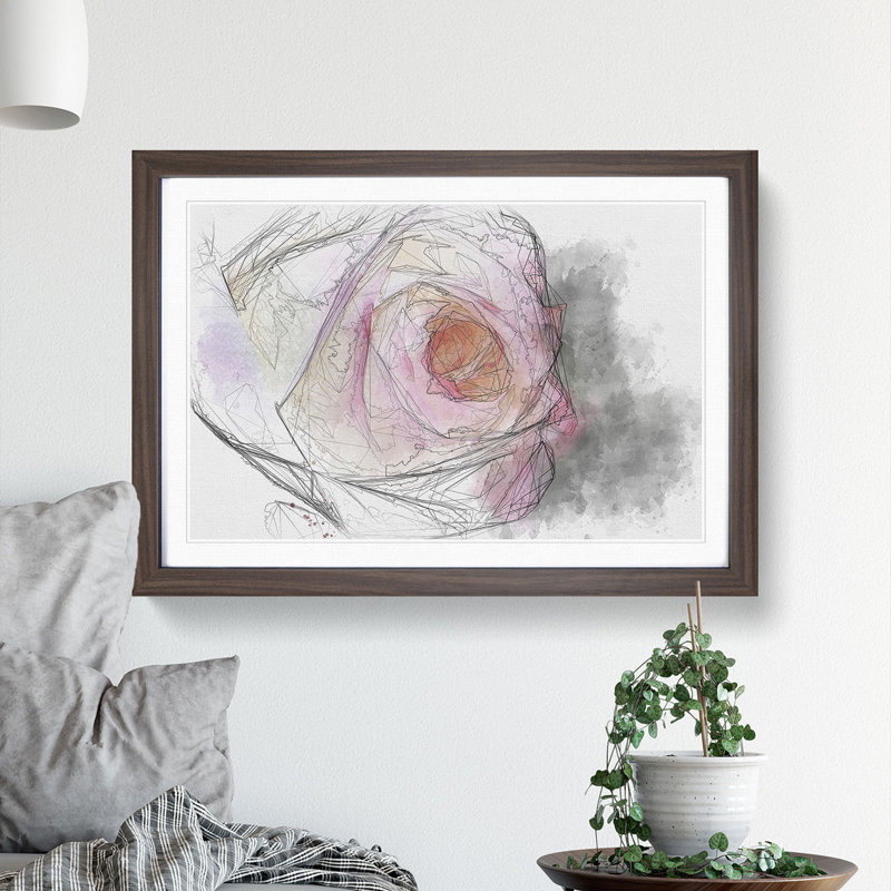 Pink Tipped Rose Sketch - Picture Frame Graphic Art Print, Walnut Framed, 36cm H x 48cm W x 2cm D