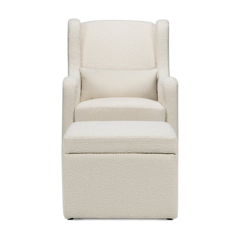 Ivory Boucle Gentle Swivel Glider with Storage Ottoman