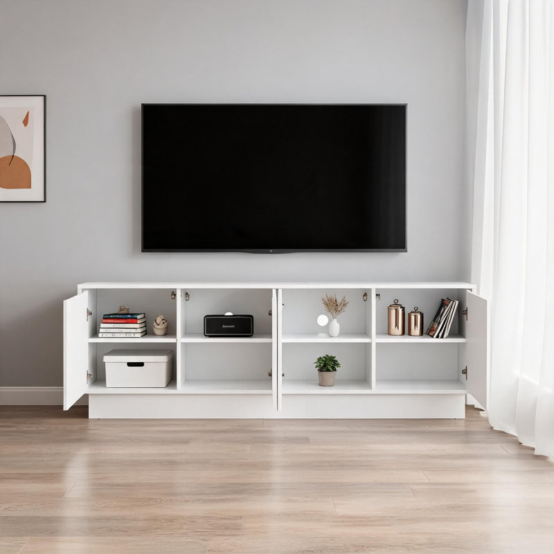 Armoire minimaliste blanche à quatre portes de style ondulé avec tablettes réglables et lumières décoratives, Blanc