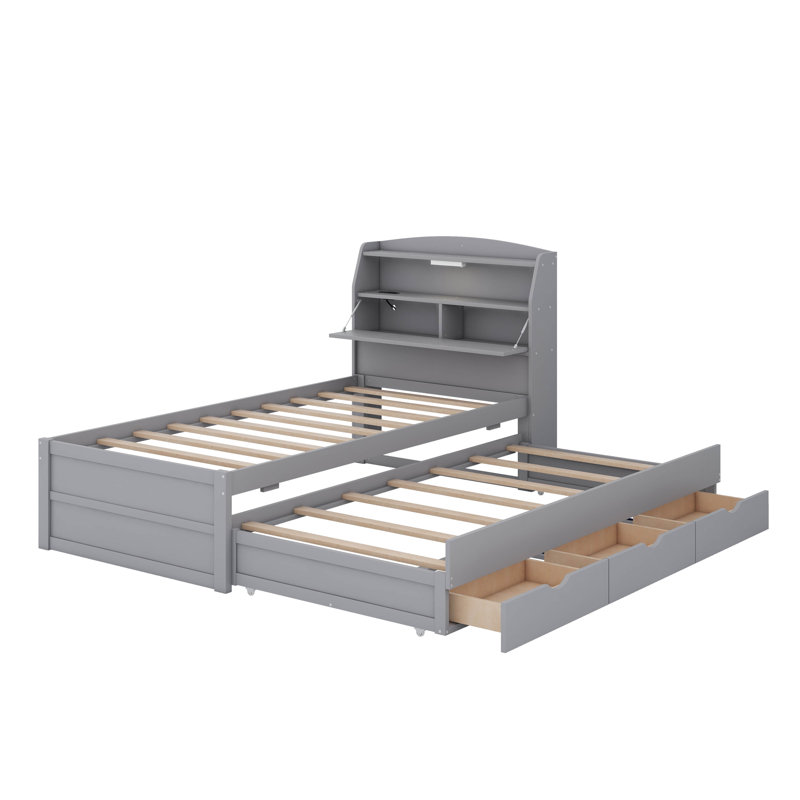 Lit plateforme simple en bois à DEL avec tiroirs, tête de lit et lit gigogne, Gris