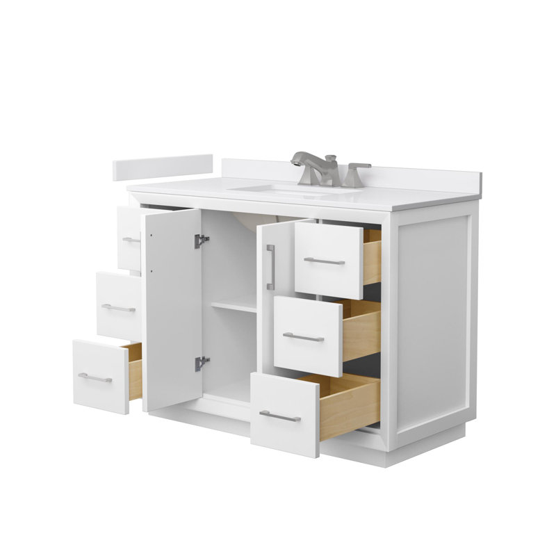 Meuble-lavabo simple autoportant 48 po avec plateau en marbre Strada, Blanc, Nickel brossé