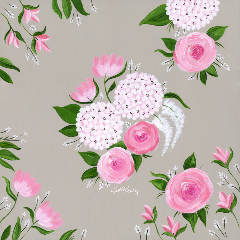 Imprimé floral rose et blanc par April Chavez - reproduction, H 36 po x l 36 po, Toile flottante argentée sans passe-partout