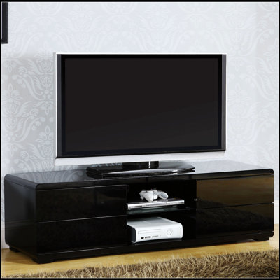 Console contemporaine en laqué avec tiroirs pleine extension et rangement ouvert, parfaite pour les salons modernes