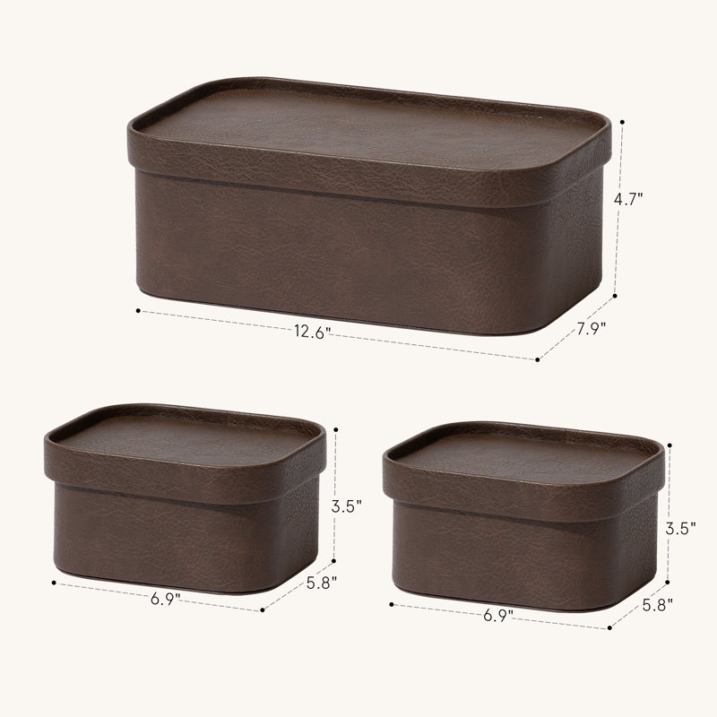 Corrugated Paper Rectangular Storage Box With Vegan Leather Lid Set 3, Mocha