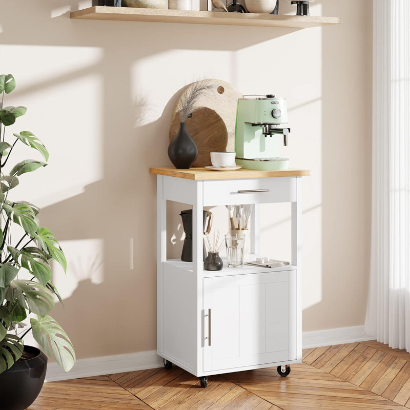 Rolling Kitchen Island With Single Door Cabinet, Kitchen Cart On Swivel Wheels, Coffee Cart Microwave Stand For Dining Room