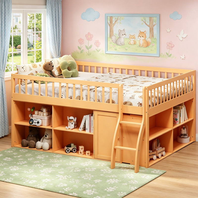 Grand lit mezzanine avec rangement, tête de lit à DEL et finition naturelle pour les chambres d'enfants modernes, Queen