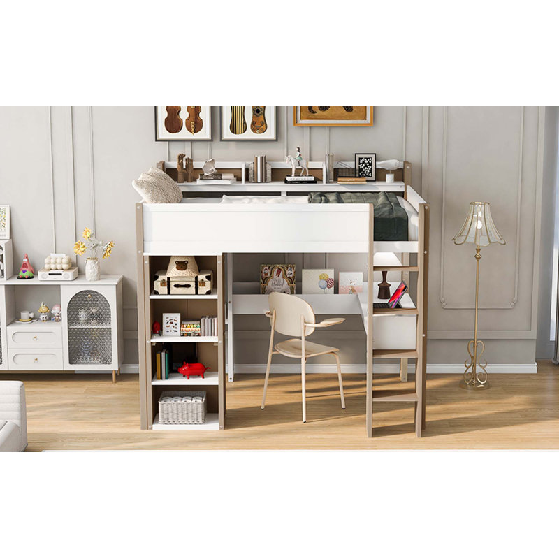 Lit mezzanine double en bois avec tablettes de rangement intégrées, tringles à vêtements et bureau, Blanc/naturel