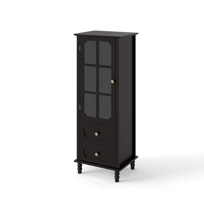 Black Vintage Tall Storage Cabinet, Minimalist Wooden Sideboard Cupboard with Tempered Glass Door & 2 Slide Drawers, Roman Solid Wood Leg Display Cabinet for Living Room Dining Room Entryway Hallway