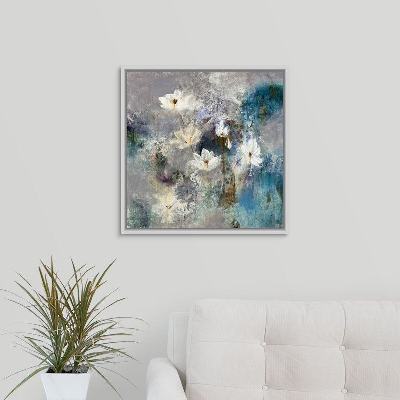 « gathering lilies », peinture sur toile, Cadre flottant blanc, H 31,7 po x l 31,7 po x p 1,75 po
