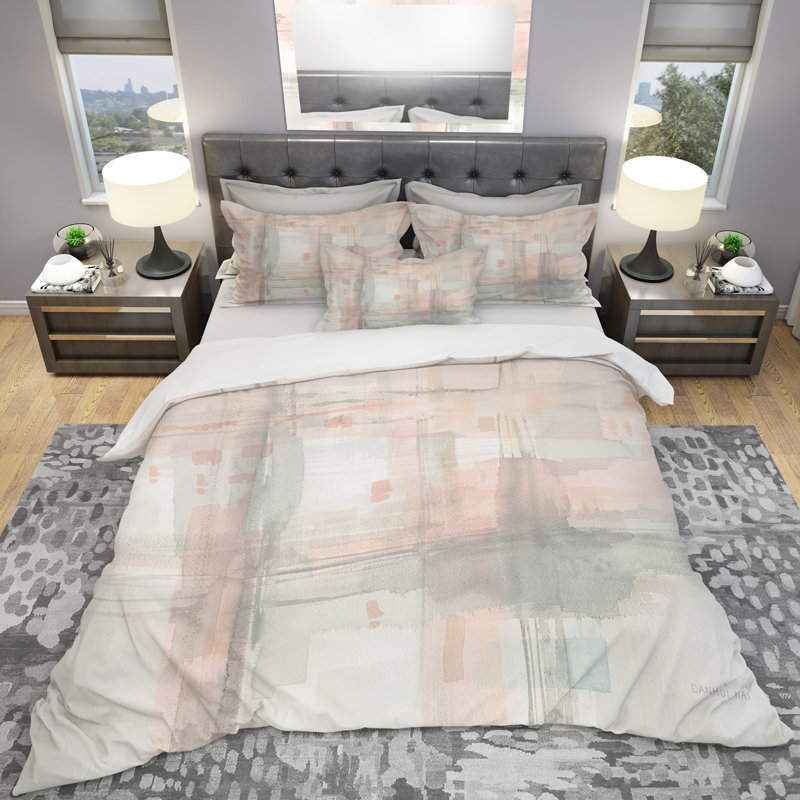 Ensemble de housse de couette moderne gris et rose Intersect II, Housse de couette double / grand et 2 taies