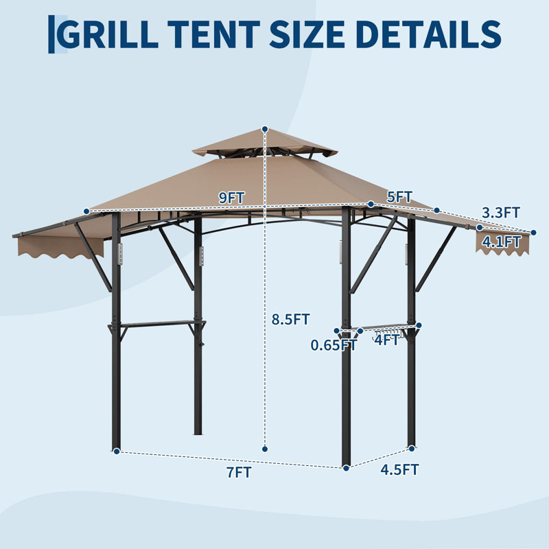 8x5 ft Grill Gazebo with Adjustable Dual Side Awnings, 2-Tier BBQ Gazebo Grill Shelter with 2 Handy Shelves, Steel Frame BBQ Canopy, Khaki