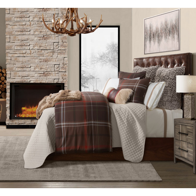 Jackson Brown Red Plaid Western Lodge Modern Rustic Comforter Set, Twin Comforter + 1 Shams