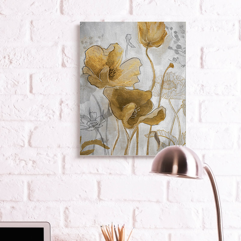 Illustration florale abstraite du coquelicot doré, Giclée encadrée noir minuit, H 30 po x l 24 po