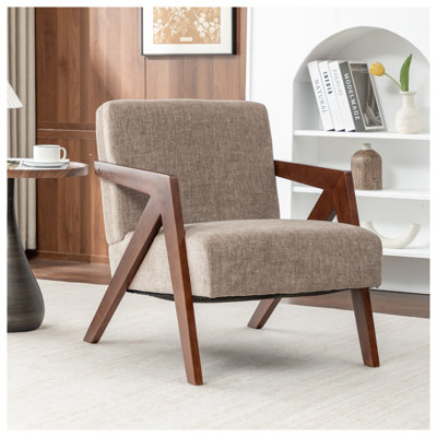 Chaise d'appoint Mid-Century moderne avec structure en bois d'hévéa, fauteuil de lecture rembourré en chenille café clair pour le salon ou la chambre à coucher