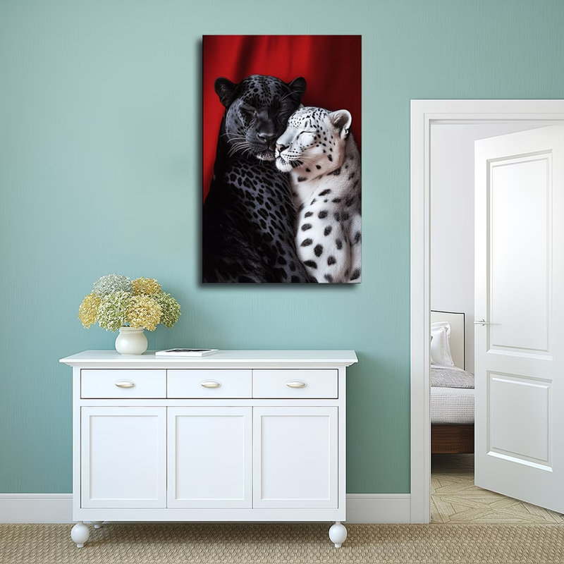 30*20，2D Flat, 1pc, Wooden Framed Canvas Art Print- Black Leopard& Snow Leopard Hugging on Red Background, Vertical Wall Decor with Hook Installation.