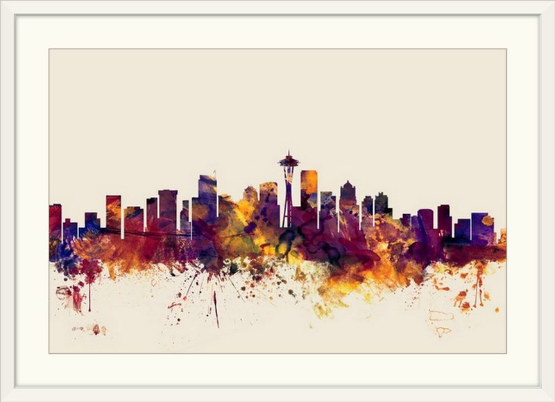 Francy " Seattle, Washington Skyline " by Michael Tompsett, White Frame, 28" H x 38" W x 1" D