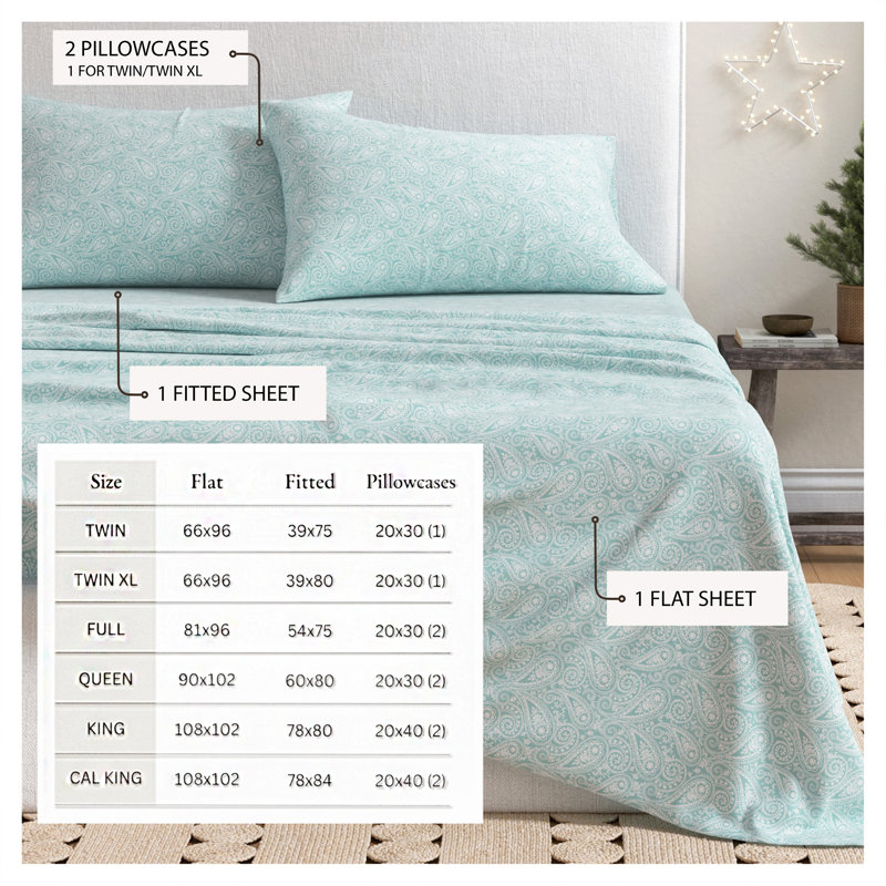 Ensemble de draps 100% flanelle de coton, Grand lit, Cachemire