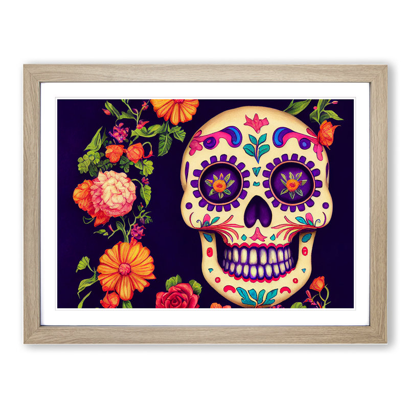 Fancy Floral Sugar Skull - Single Picture Frame Print, 46cm H x 64cm W x 2cm D, Oak Framed