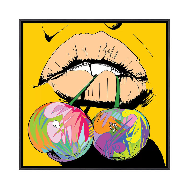 Cerises par Technodrome1 - impression d'art graphique, H 26 po x l 26 po x P 1,5 po, Toile avec cadre noir patiné, Aucun mat