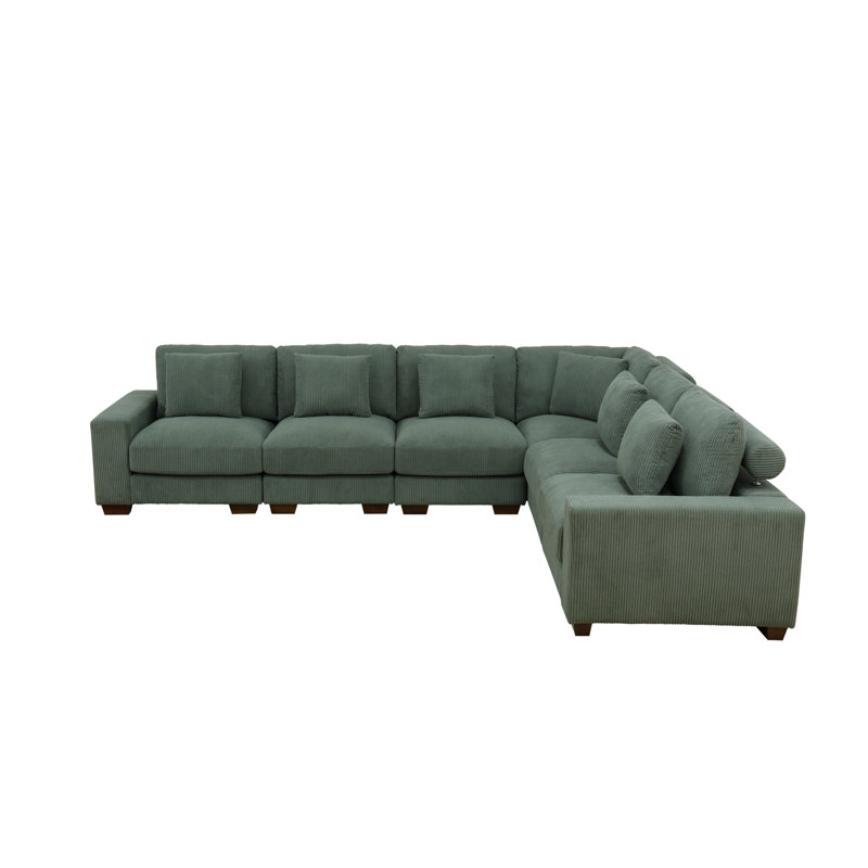 123“ 6-Piece Premium Corduroy Fabric Reversible Living Room Modular Sectional Sofa, Green Corduroy
