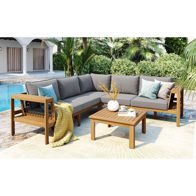 Ensemble de canapé en bois d'acacia en forme de L 4 pièces avec accoudoirs en filet tissé et table basse, Grey, Natural