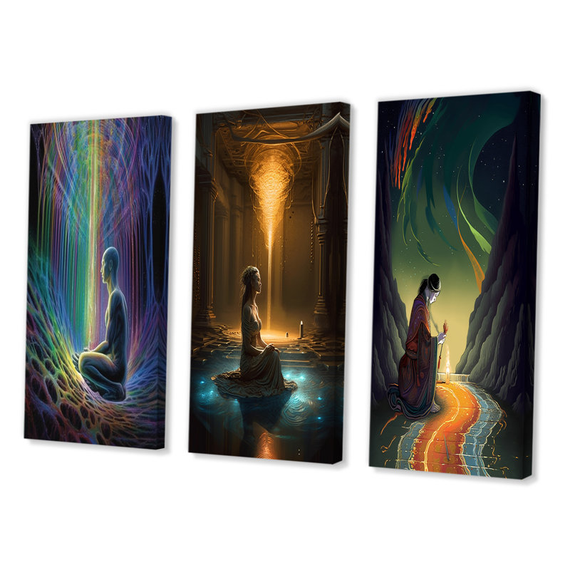 «Rainbow Energetic Body Matrix Meditation», 3 pièces sur toile, H 60 po x l 40 po, Toile tendue