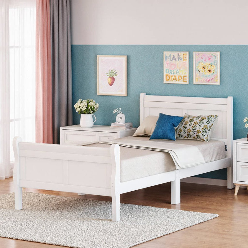 Lit plateforme en bois avec tête et pied de lit - simple, blanc, Lit simple, Blanc