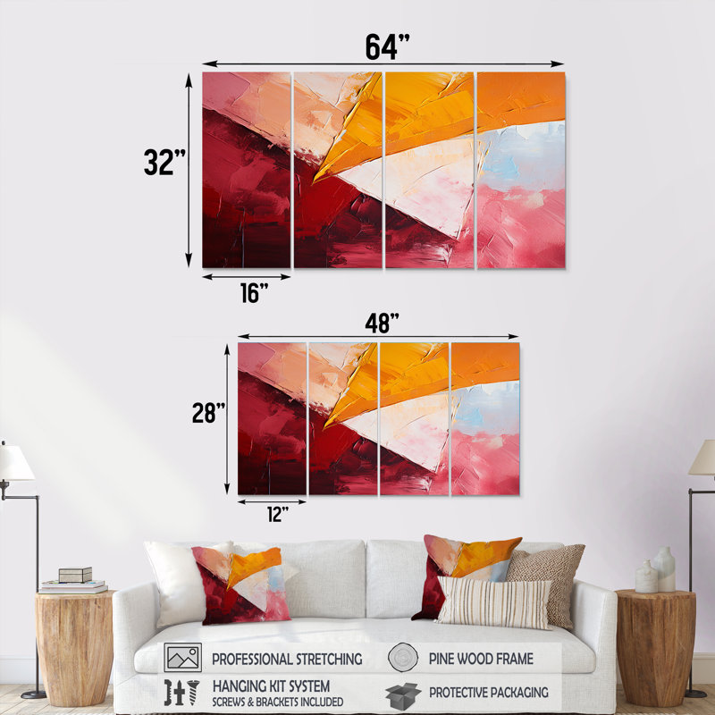 Immersive Triangle Orange - Abstract Wall Art Decor 4 Piece, 28" H x 48" W