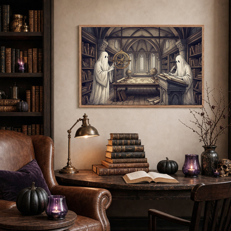 Art mural sur toile, "Fantômes dans la bibliothèque avec globe", 18"H x 24"W