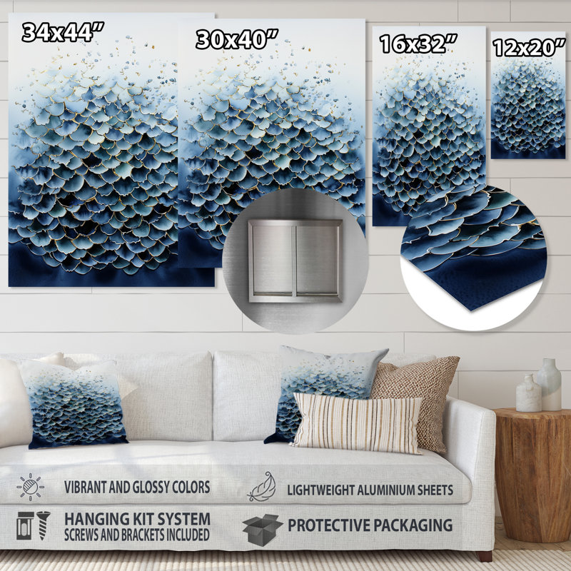 «Abstract Ocean Tiles Blue Coastal II», impression sur métal géométrique moderne, H 32 po x l 16 po x P 0,84 po
