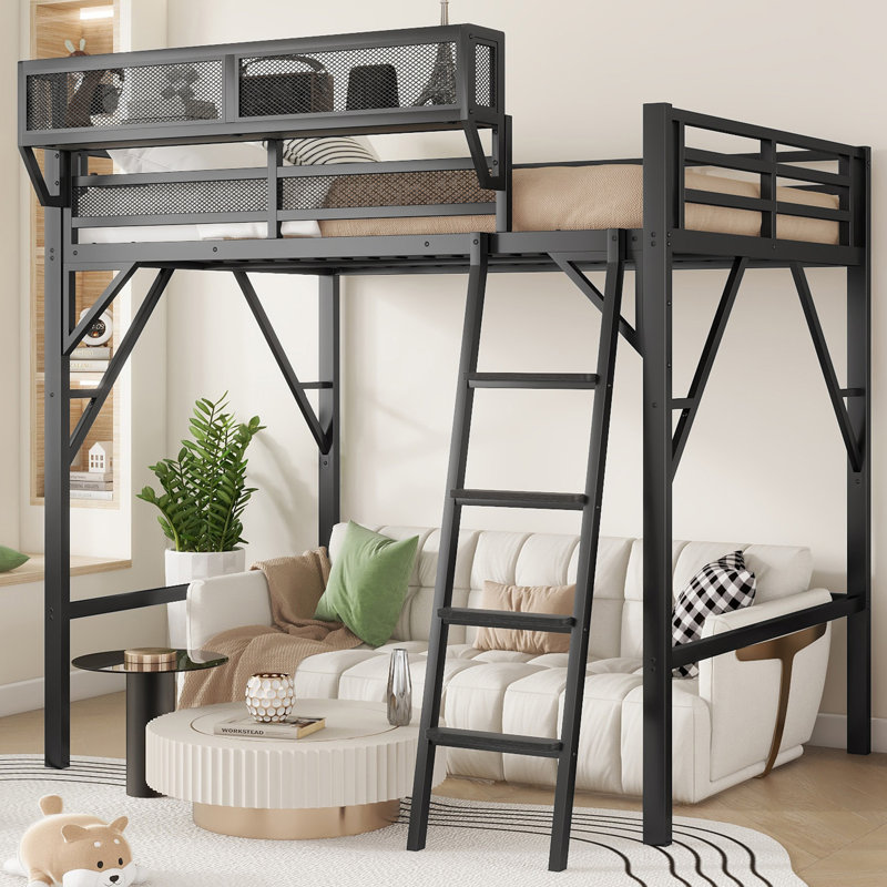 Lit mezzanine double avec échelle, lit mezzanine double en métal avec tablettes de rangement, lit mezzanine haut pour adolescents, noir