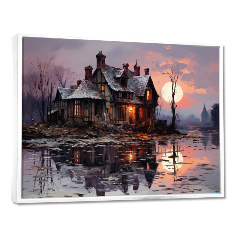 Mystérieuse maison du lac, soleil blanc couchant au crépuscule rose - Lake House, impression d'art mural