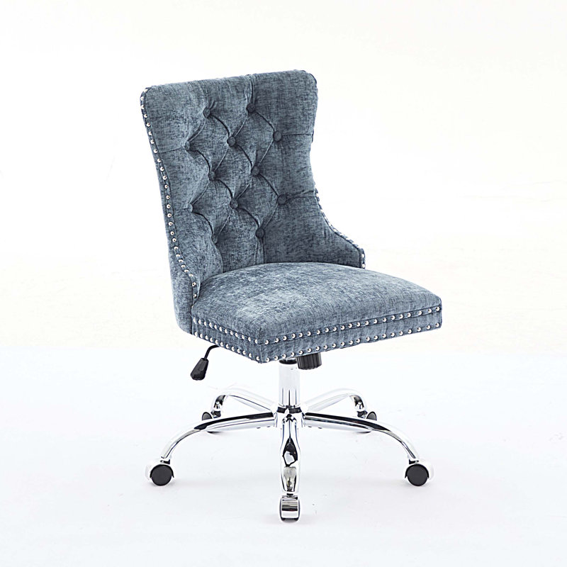 Chaise de bureau moderne rembourrée capitonnée à boutons en chenille, chaise de bureau pivotante réglable, Bleu clair