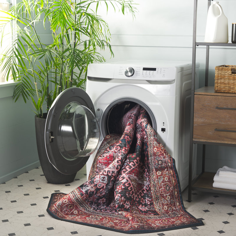 Tucson Vintage Look Machine Washable Non-Slip Area Rug in Red, Navy & Beige, Rectangle 244 x 305 cm