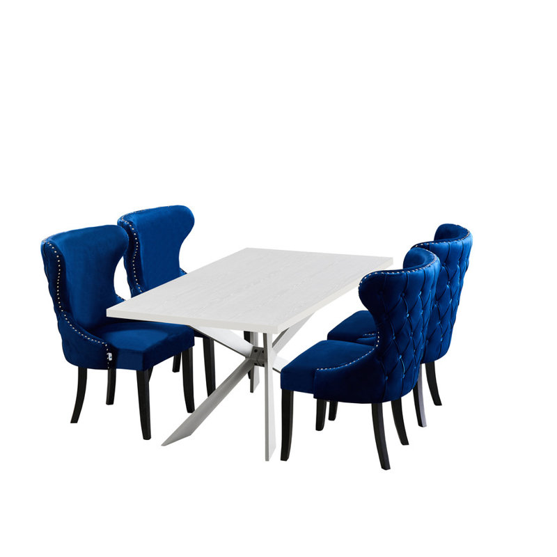 Bootle 4 Person Dining set - a Rectangular Wooden Dining Table with Metal Legs and a Set of 4 Quilted Velvet Dining Chairs for Dining Room - Modern Dining Table Set