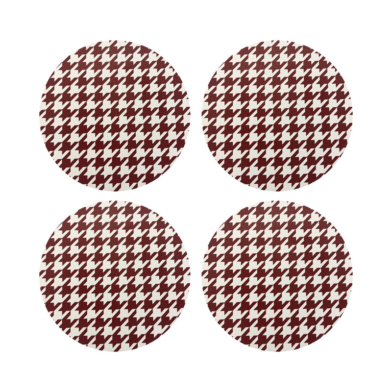 Houndstooth Black White Vegan Leather Round Coasters, Red White