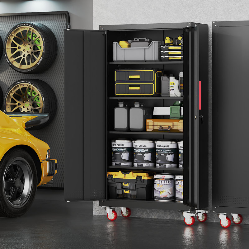 Armoire de rangement en métal avec roulettes, armoires de garage 71 po avec 4 tablettes réglables et portes verrouillables, armoire verrouillable noire convenant aux garages, à la maison et au bureau