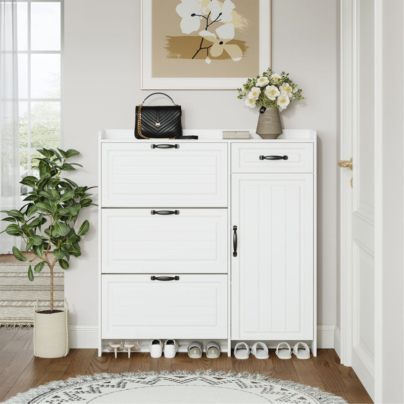 Range-chaussures blanc avec 4 portes et 1 tiroir, grand espace de rangement
