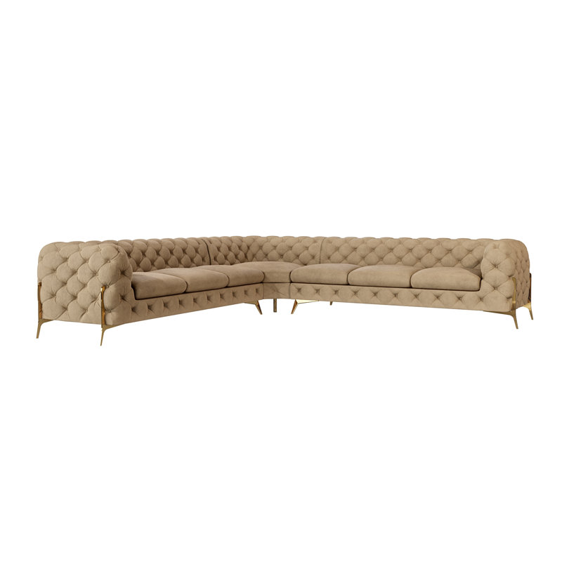 Chesterfield Corner Sofa L-Shape  with Gold Metal Legs, Beige