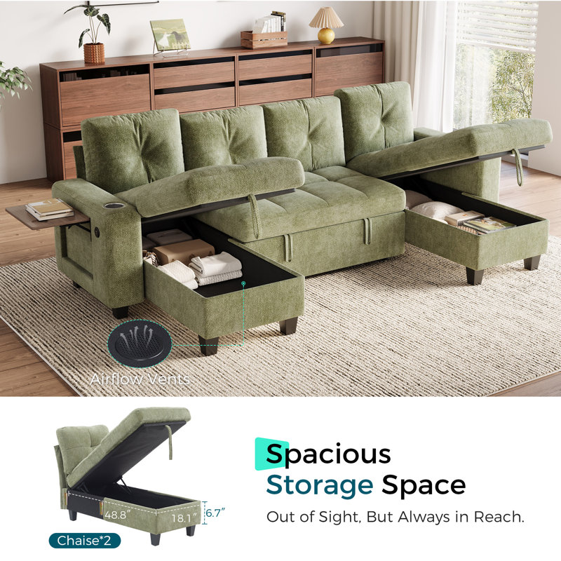 Canapé modulaire capitonné en U capitonné avec canapé-lit, chaise de rangement et table d'appoint Benett 108,6 po Benett